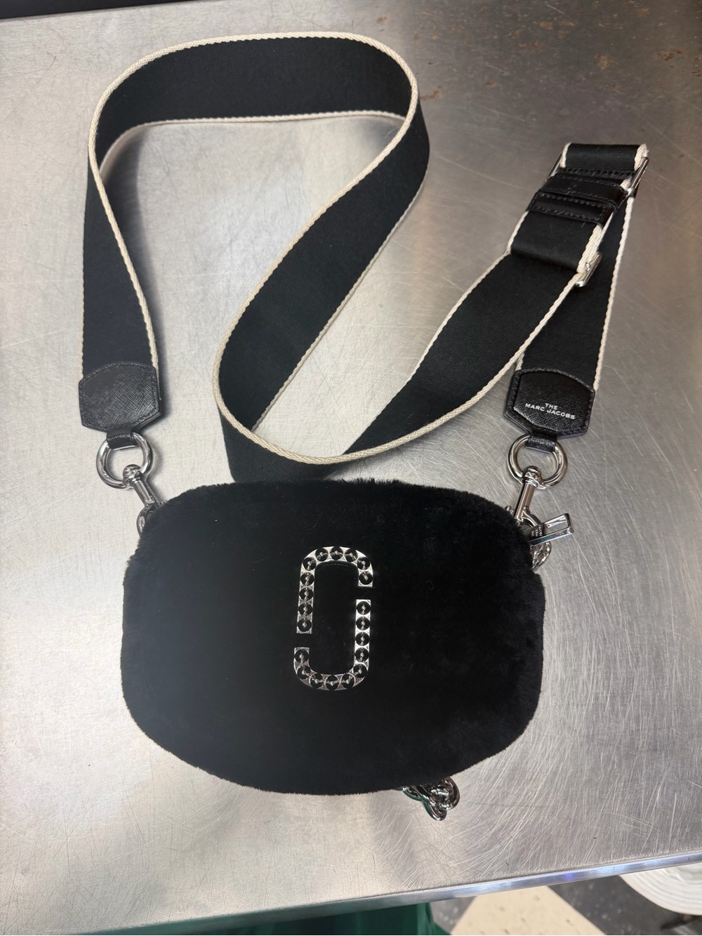 Marc Jacobs Black Faux Fur Snapshot Camera Bag with Contrast-Trim Strap